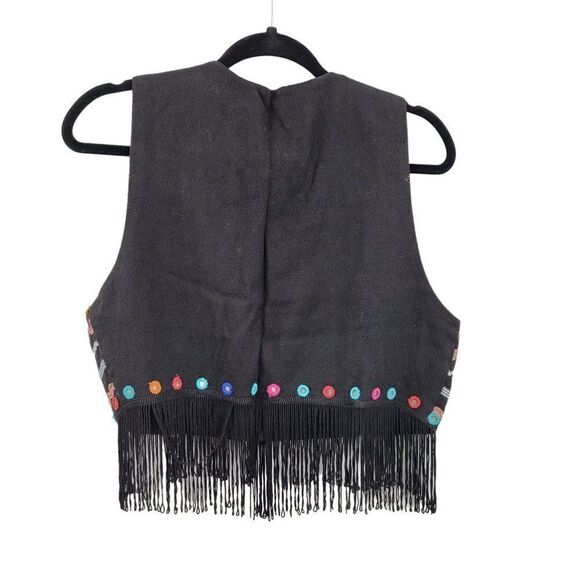 Vtg 80's Womens Vest Cropped Multimedia Beaded Fringed Art To Wear Boho Blk Sz M - Picture 2 of 6